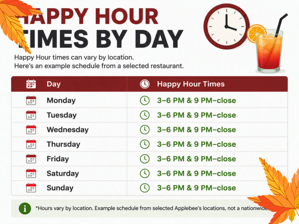 Applebee's Happy Hour 2026 drinks and appetizer deals times by day schedule showing example hours