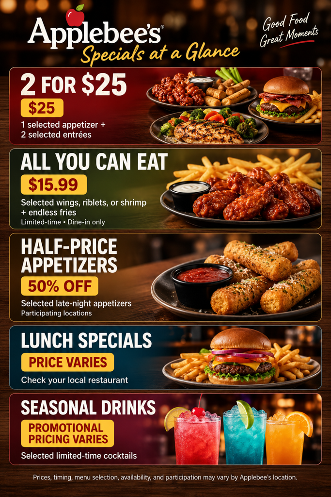 Applebee’s Specials Menu Prices 2026 Deals and Offers 2 For $25 Deal, appetizers, lunch specials, and seasonal drinks