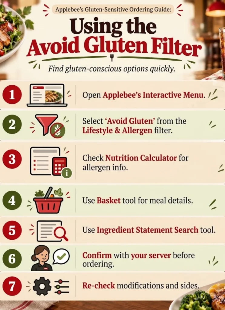 Applebee’s gluten-free menu infographic showing how to use the Avoid Gluten filter, Nutrition Calculator, Basket tool, Ingredient Statement Search, and server confirmation steps.