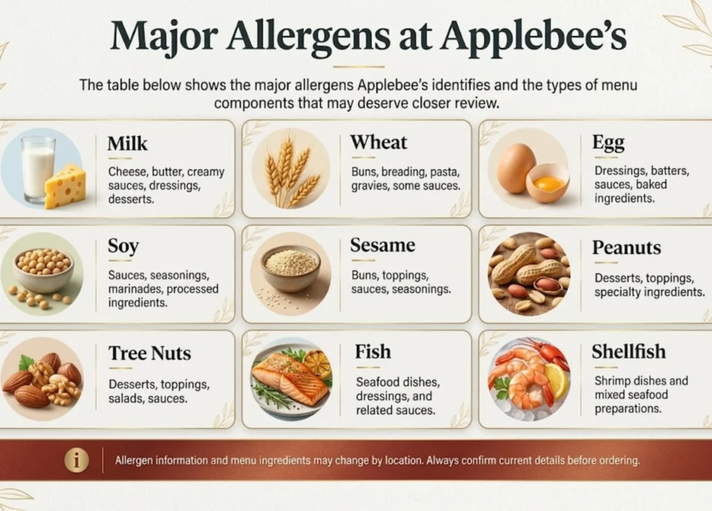 Applebee’s major allergens guide with milk, wheat, egg, soy, sesame, peanuts, tree nuts, fish and shellfish