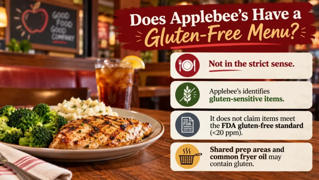 Applebee’s gluten-free menu infographic explaining gluten-sensitive items, FDA gluten-free standards, and shared fryer cross-contact risks.