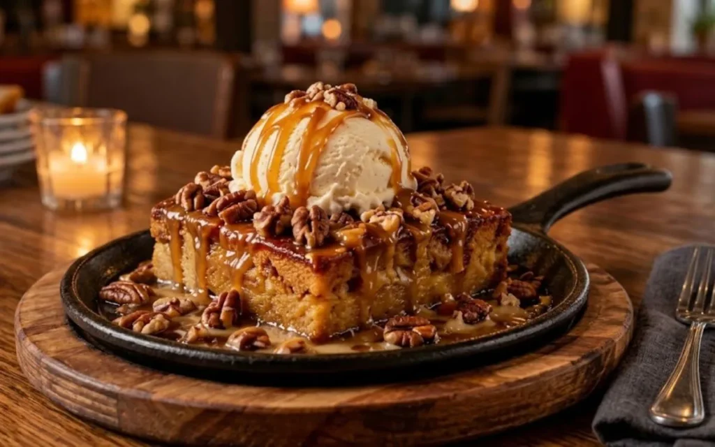 Applebee's Sizzlin' Butter Pecan Blondie with vanilla ice cream and pecans